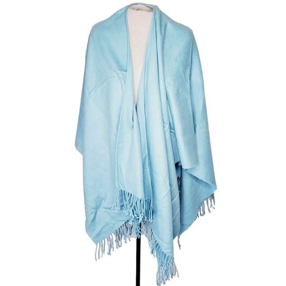 Vintage Wool Touch Korea Fringe Poncho Bohemian Warm Sky Blue OS - Picture 1 of 9